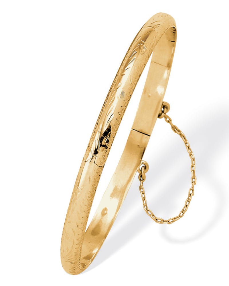 Front of a size 7 in Etched Bangle Bracelet in 18k Yellow Gold Over .925 Sterling Silver 7" in Yellow by PalmBeach Jewelry. | dia_product_style_image_id:296918
